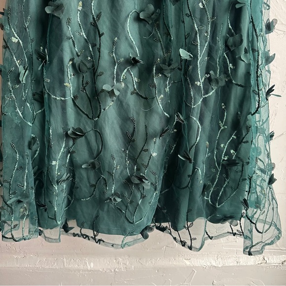 Dark Fairycore Forest Green Sheer Floral Applique Tulle Midi Skirt Ethereal Sz M - Picture 6 of 7